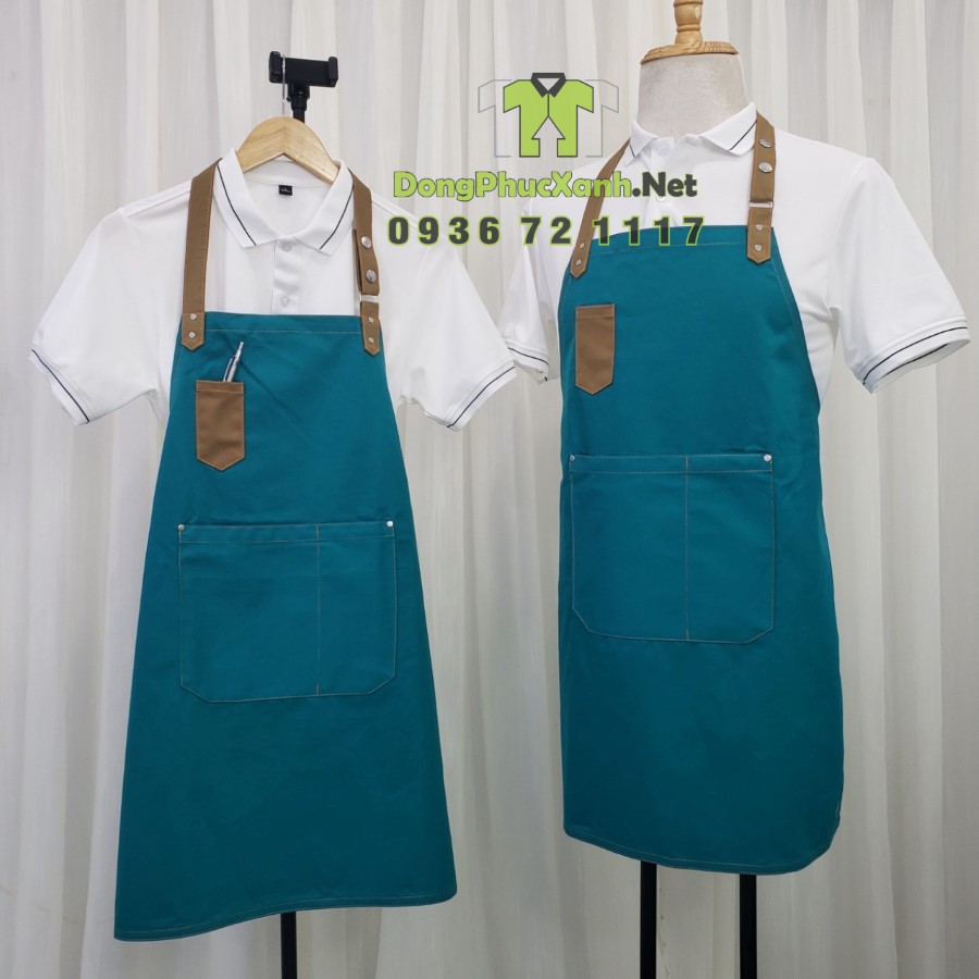 Tạp dề màu xanh lý mẫu đẹp dáng dài đồng phục nhân viên quán cafe trà sữa