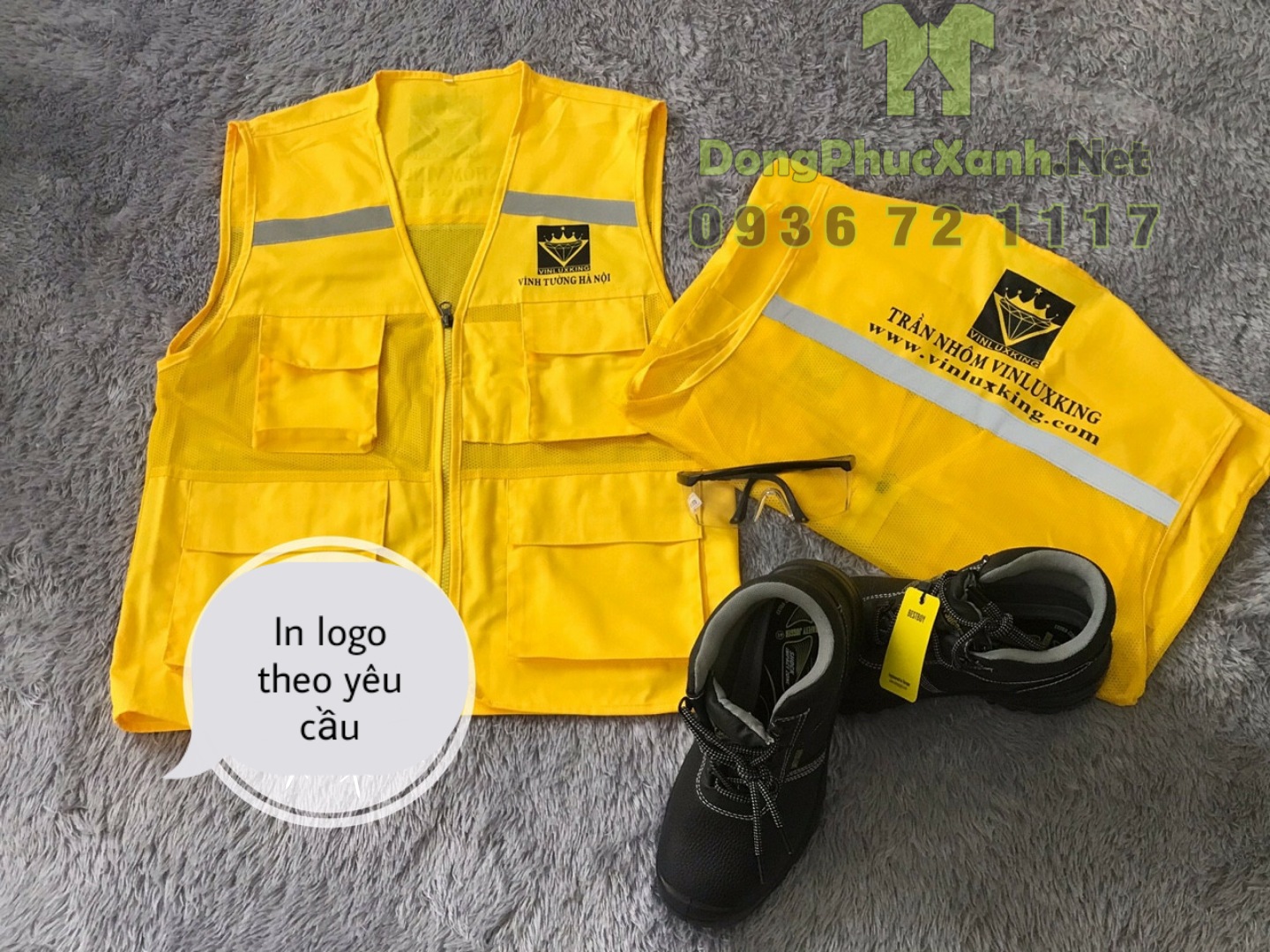 Mẫu áo ghile màu vàng 4 túi làm đồng phục in logo theo yêu cầu