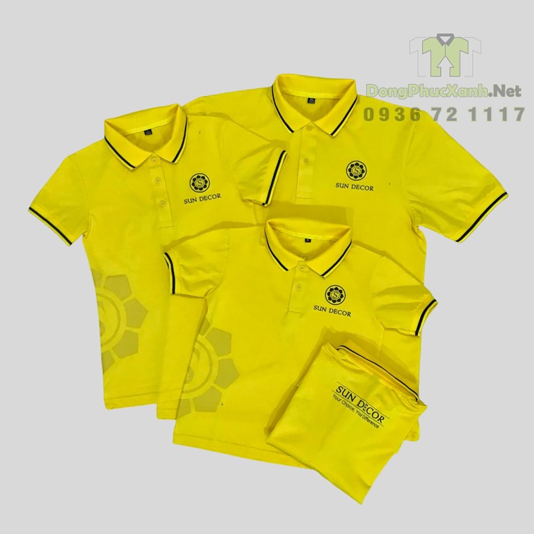 Mẫu áo thun đồng phục công ty màu vàng đẹp in logo công ty nội thất