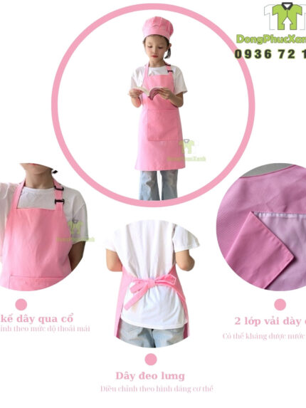 Tạp dề cho bé học vẽ và làm thủ công, thiết kế dễ thương, chất vải bền đẹp giúp bảo vệ quần áo bé luôn sạch sẽ khi học tập và vui chơi.