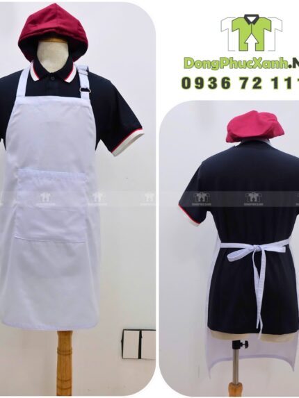 Tạp dề yếm dài đồng phục màu trắng thiết kế gọn gàng giúp nhân viên làm việc sạch sẽ và chuyên nghiệp