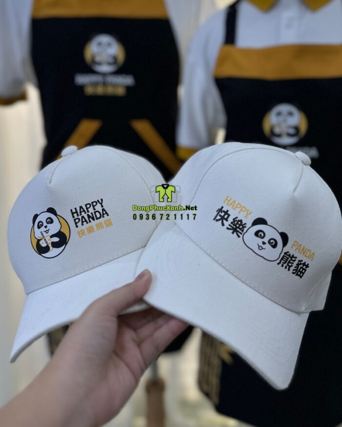 Nón đồng phục màu trắng in logo HAPPY PANDA cho tiệm trà sữa