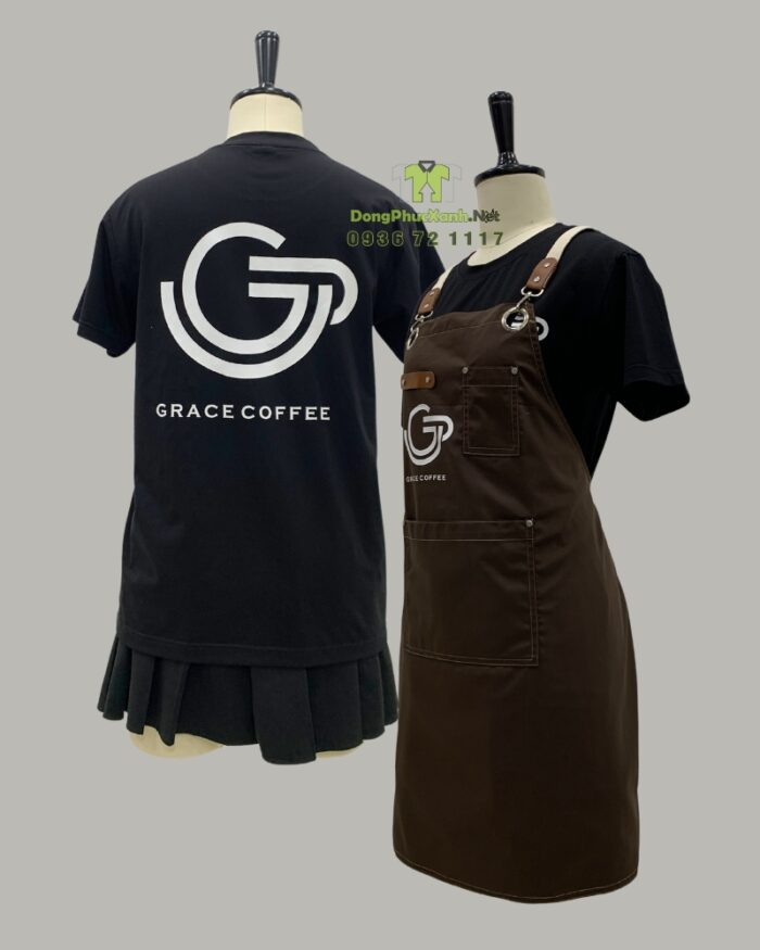 Bộ áo đồng phục và tạp dề quán cà phê phối màu hài hòa dành cho nhân viên, in logo GRACE COFFEE