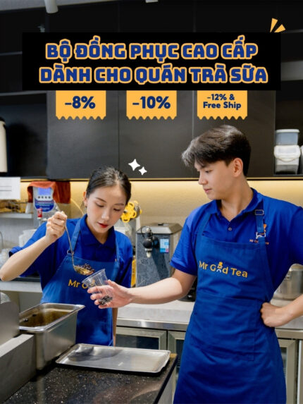 Tạp dề quán trà sữa màu xanh dương nổi bật, in logo Mr Good Tea