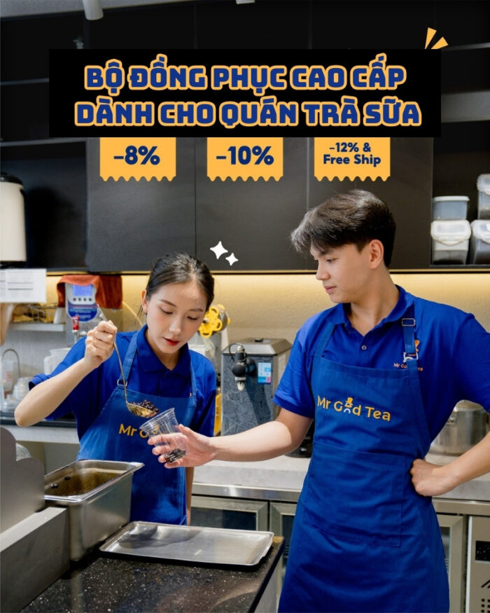 Tạp dề quán trà sữa màu xanh dương nổi bật, in logo Mr Good Tea