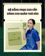 Tạp dề quán trà sữa màu xanh dương nổi bật, in logo Mr Good Tea