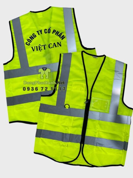 Áo gile phản quang thiết kế dây kéo tiện lợi dành cho công nhân tại công trình in logo CTY CP VIỆT CAN.