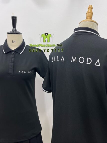 Áo thun đồng phục màu đen hiện đại dành cho nhân viên công ty, in logo Alla Moda.