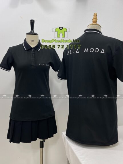 Áo thun đồng phục màu đen hiện đại dành cho nhân viên công ty, in logo Alla Moda.