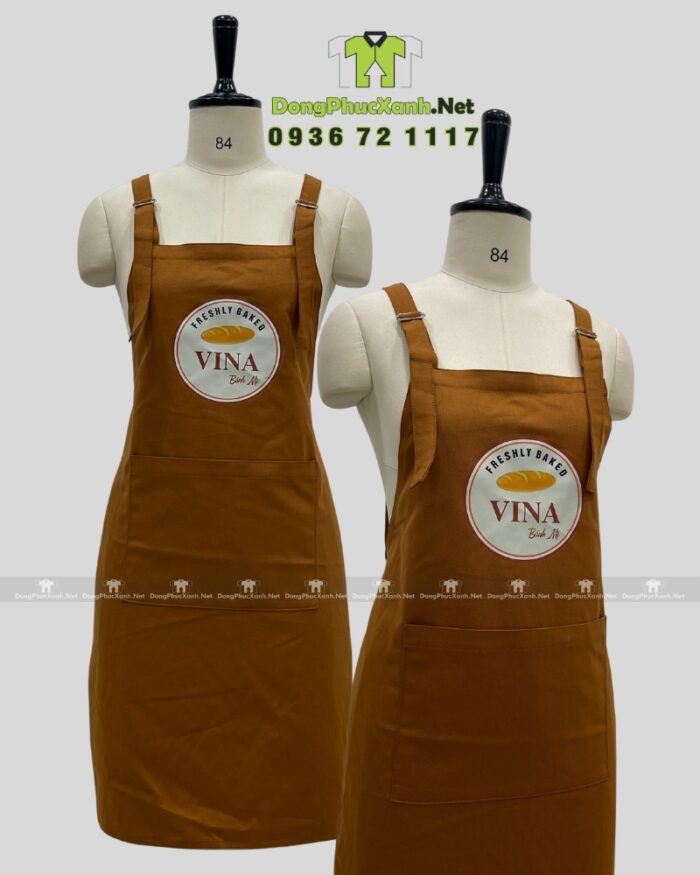 Tạp dề đồng phục nhân viên tiệm bánh mì thiết kế chữ H mới lạ, in logo Bánh mì VINA.