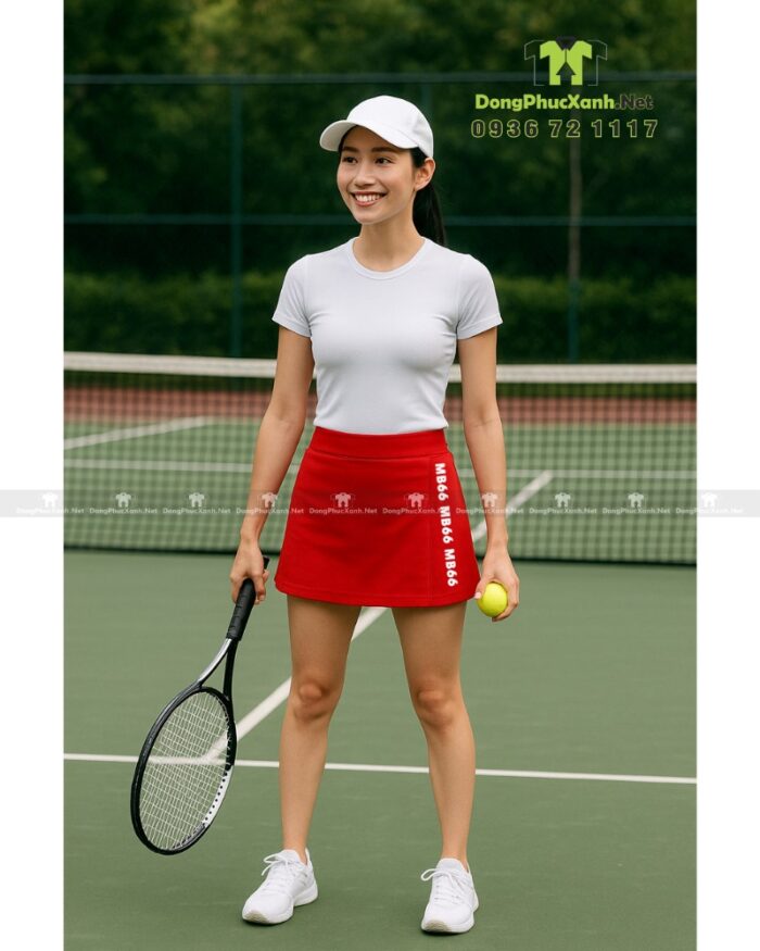 Chân váy đồng phục đỏ thiết kế trẻ trung, năng động, in logo MB66.