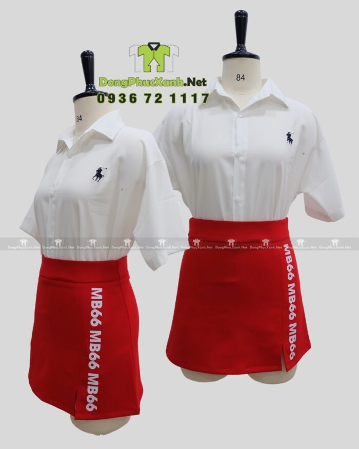 Chân váy đồng phục đỏ thiết kế trẻ trung, năng động, in logo MB66.