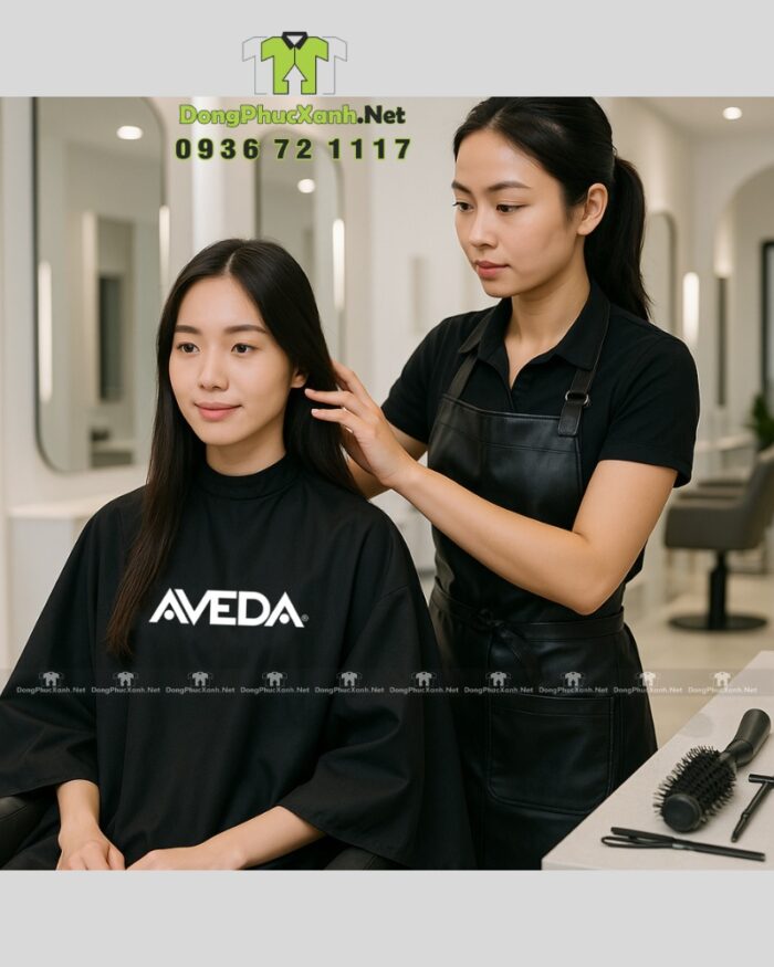 Áo choàng cắt tóc thiết kế nút gài linh hoạt, in logo Aveda.