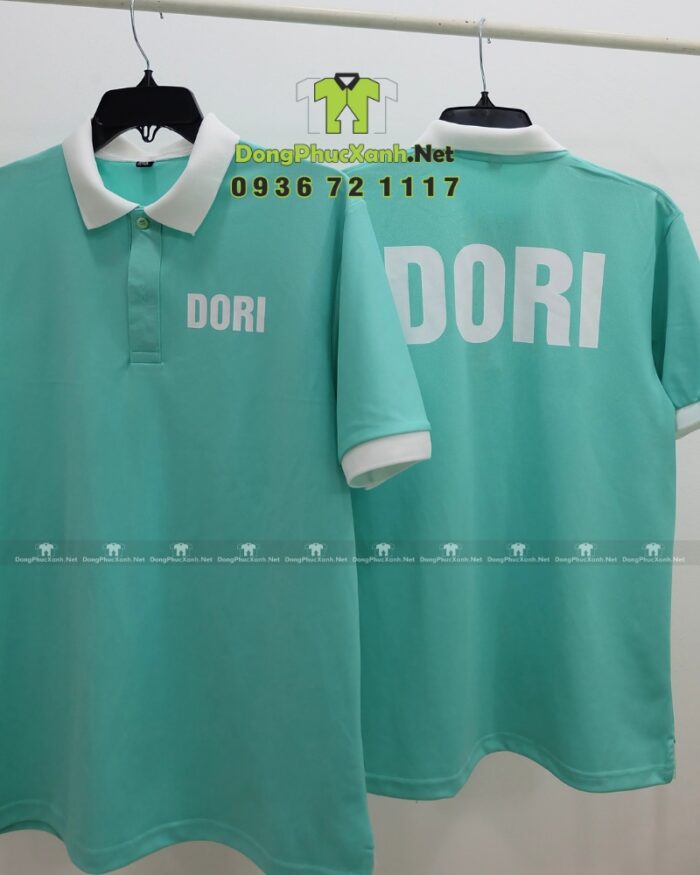 Áo thun đồng phục nhân viên màu xanh mint tươi sáng, in logo DORI.