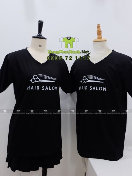 Áo thun đồng phục nhân viên tiệm cắt tóc thiết kế màu đen, in logo theo yêu cầu.