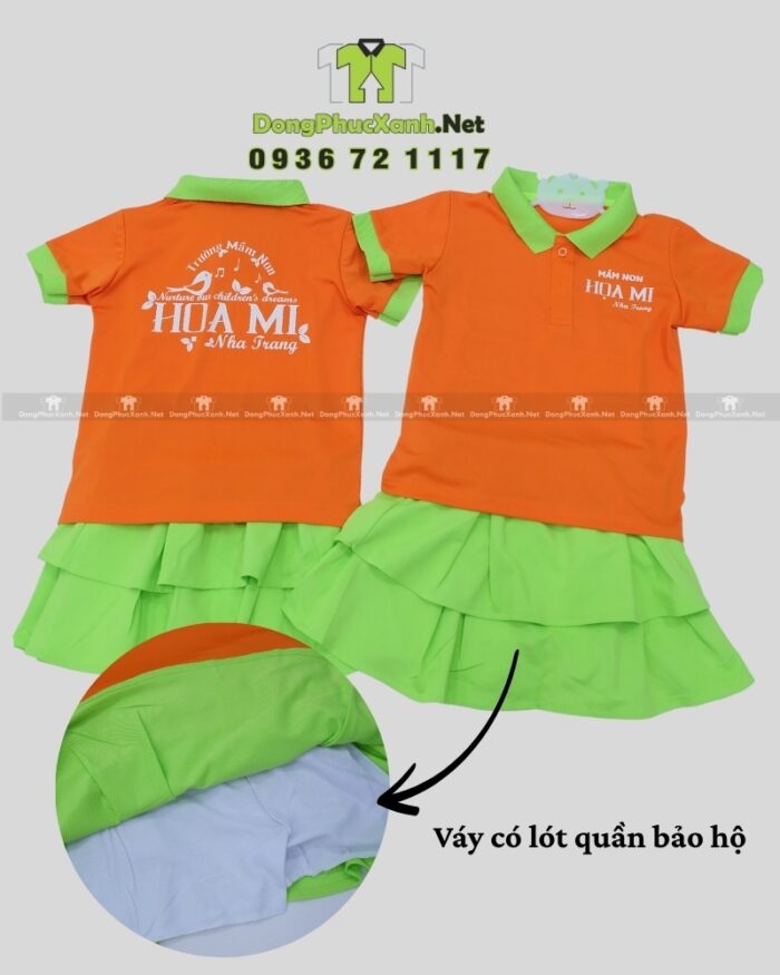 Đồng phục mầm non thiết kế màu sắc tươi sáng, in logo Mầm non Họa Mi.