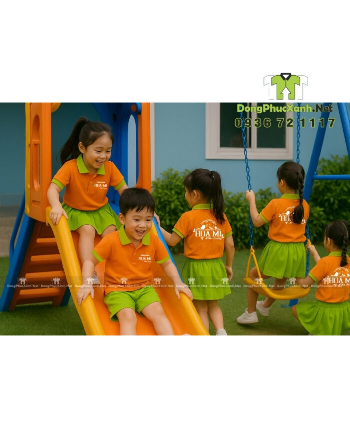 Đồng phục mầm non thiết kế màu sắc tươi sáng, in logo Mầm non Họa Mi.