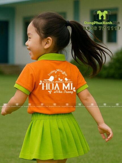 Đồng phục mầm non thiết kế màu sắc tươi sáng, in logo Mầm non Họa Mi.