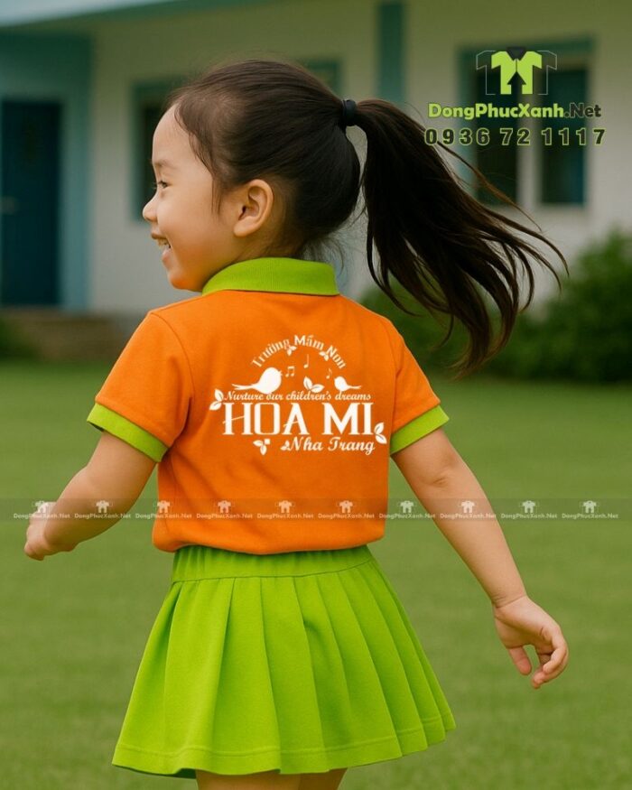 Đồng phục mầm non thiết kế màu sắc tươi sáng, in logo Mầm non Họa Mi.