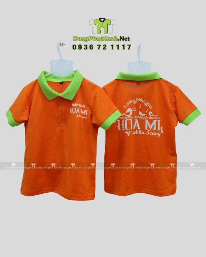 Đồng phục mầm non thiết kế màu sắc tươi sáng, in logo Mầm non Họa Mi.