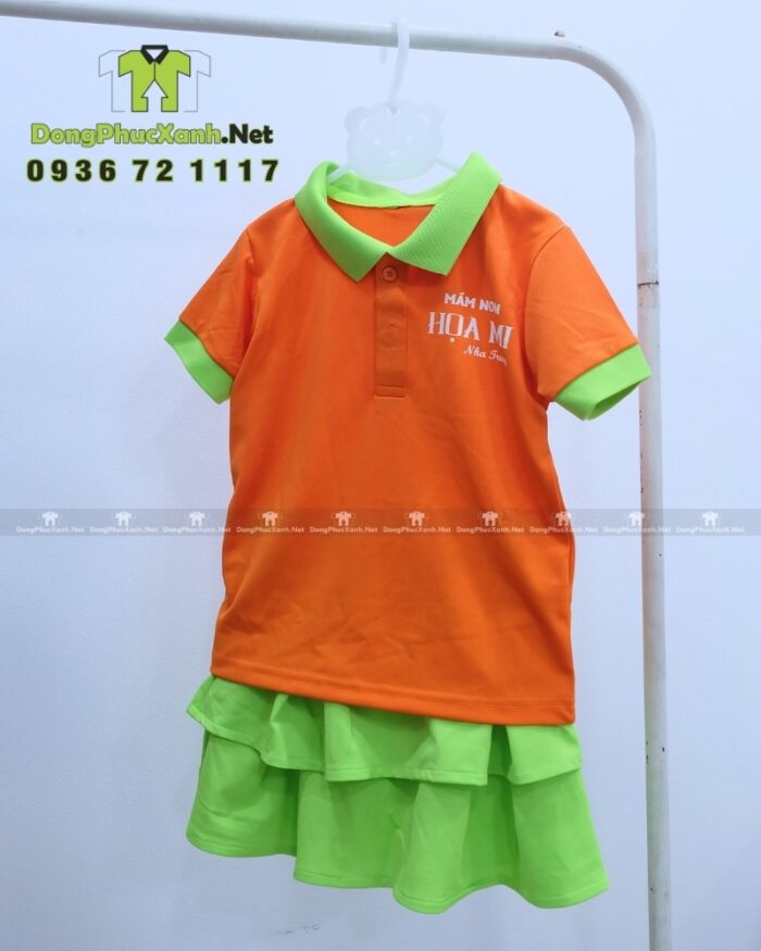 Đồng phục mầm non thiết kế màu sắc tươi sáng, in logo Mầm non Họa Mi.