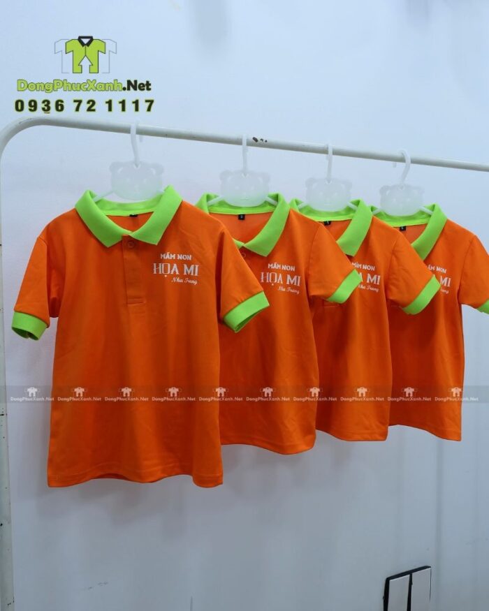 Đồng phục mầm non thiết kế màu sắc tươi sáng, in logo Mầm non Họa Mi.