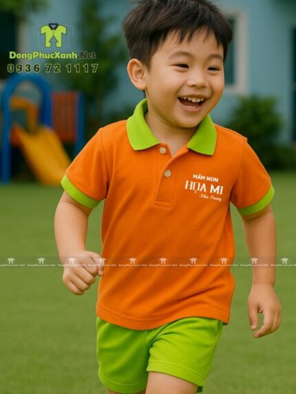 Đồng phục mầm non thiết kế màu sắc tươi sáng, in logo Mầm non Họa Mi.