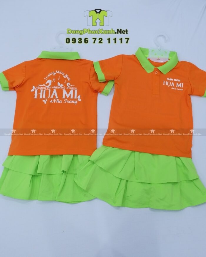 Đồng phục mầm non thiết kế màu sắc tươi sáng, in logo Mầm non Họa Mi.