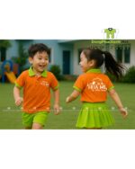 Đồng phục mầm non thiết kế màu sắc tươi sáng, in logo Mầm non Họa Mi.
