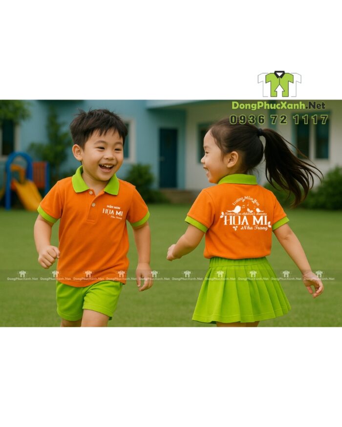 Đồng phục mầm non thiết kế màu sắc tươi sáng, in logo Mầm non Họa Mi.