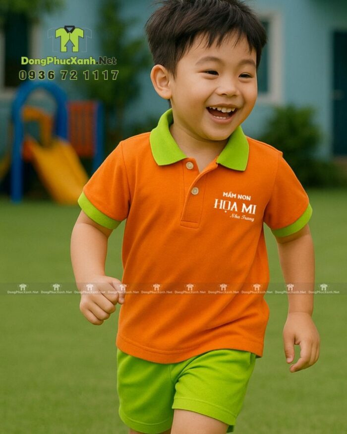 Đồng phục mầm non thiết kế màu sắc tươi sáng, in logo Mầm non Họa Mi.