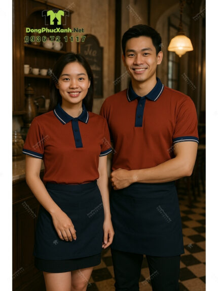 Bộ đồng phục quán trà sữa với áo thun đồng phục màu cam đất ấm áp, dễ chịu, thiết kế in ấn logo theo yêu cầu