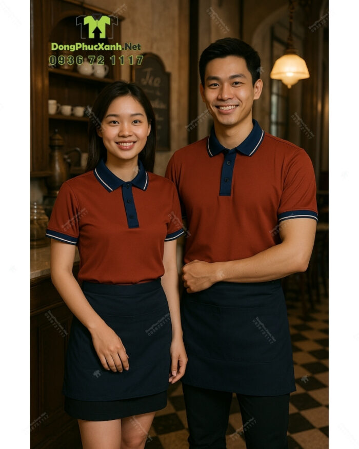 Bộ đồng phục quán trà sữa với áo thun đồng phục màu cam đất ấm áp, dễ chịu, thiết kế in ấn logo theo yêu cầu