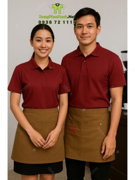 Bộ đồng phục quán cà phê có áo thun đồng phục màu đỏ đô sang trọng, quý phái, thiết kế logo theo yêu cầu.