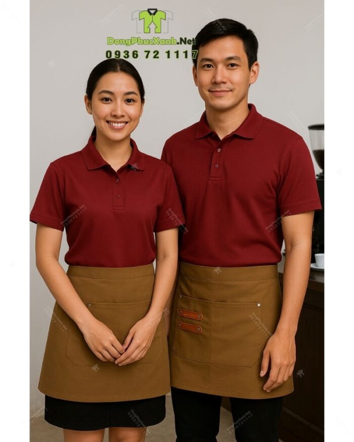 Bộ đồng phục quán cà phê có áo thun đồng phục màu đỏ đô sang trọng, quý phái, thiết kế logo theo yêu cầu.