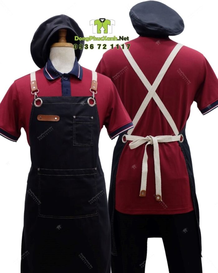 Bộ đồng phục quán cà phê có áo thun đồng phục màu đỏ đô sang trọng, quý phái, thiết kế logo theo yêu cầu.