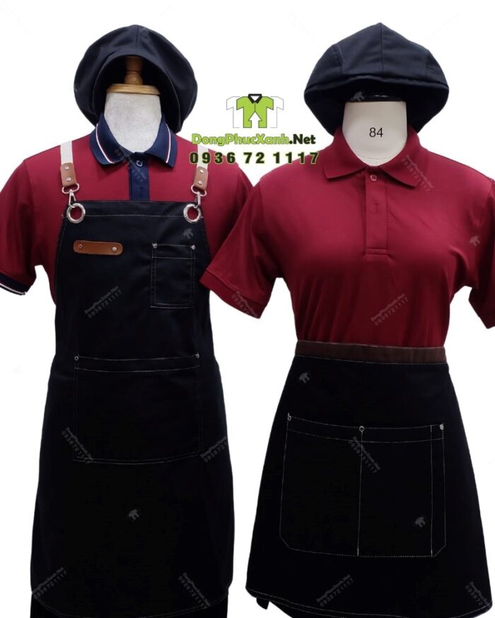 Bộ đồng phục quán cà phê có áo thun đồng phục màu đỏ đô sang trọng, quý phái, thiết kế logo theo yêu cầu.