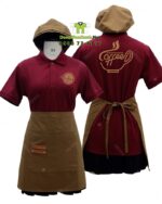 Bộ đồng phục quán cà phê có áo thun đồng phục màu đỏ đô sang trọng, quý phái, thiết kế logo theo yêu cầu.