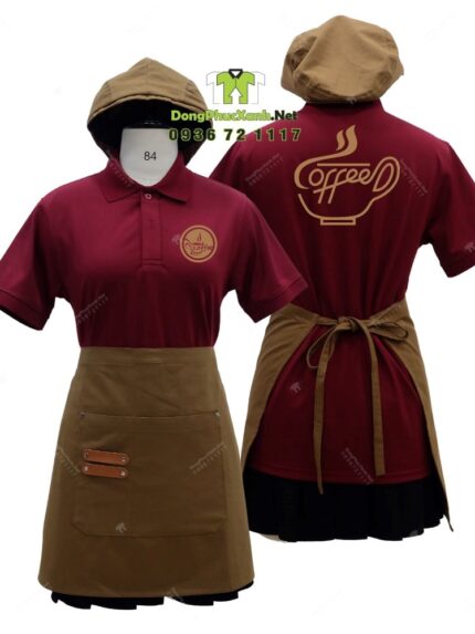 Bộ đồng phục quán cà phê có áo thun đồng phục màu đỏ đô sang trọng, quý phái, thiết kế logo theo yêu cầu.