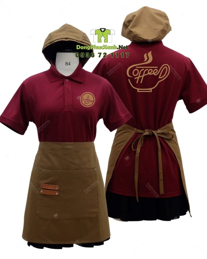 Bộ đồng phục quán cà phê có áo thun đồng phục màu đỏ đô sang trọng, quý phái, thiết kế logo theo yêu cầu.