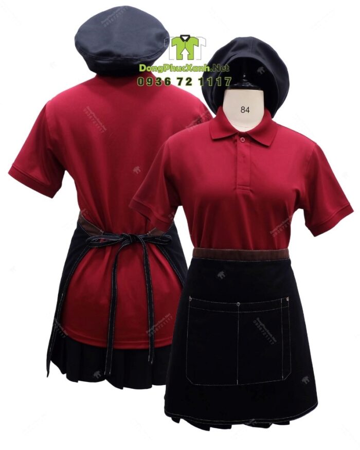 Bộ đồng phục quán cà phê có áo thun đồng phục màu đỏ đô sang trọng, quý phái, thiết kế logo theo yêu cầu.