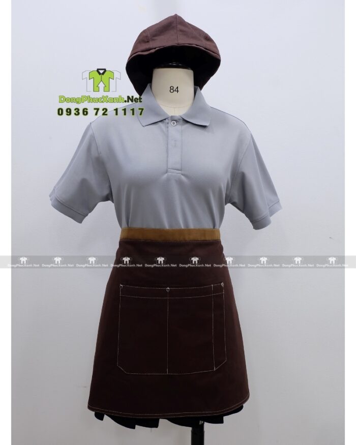 Bộ đồng phục quán trà sữa với áo đồng phục màu xám trang nhã và tinh tế, in/thêu logo theo yêu cầu.
