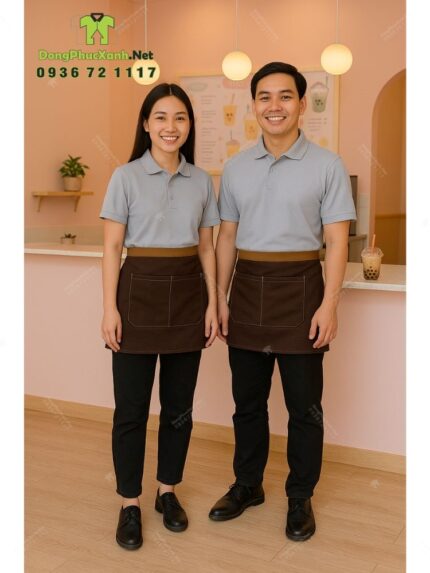 Bộ đồng phục quán trà sữa với áo đồng phục màu xám trang nhã và tinh tế, in/thêu logo theo yêu cầu.