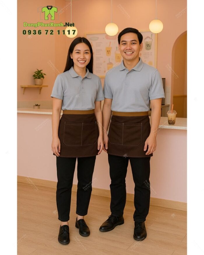 Bộ đồng phục quán trà sữa với áo đồng phục màu xám trang nhã và tinh tế, in/thêu logo theo yêu cầu.