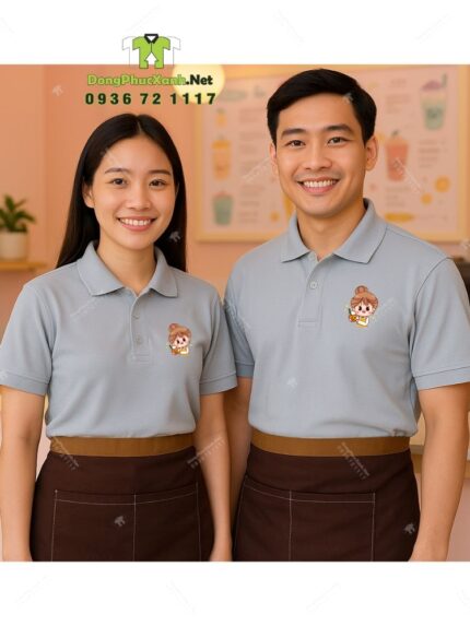 Bộ đồng phục quán trà sữa với áo đồng phục màu xám trang nhã và tinh tế, in/thêu logo theo yêu cầu.