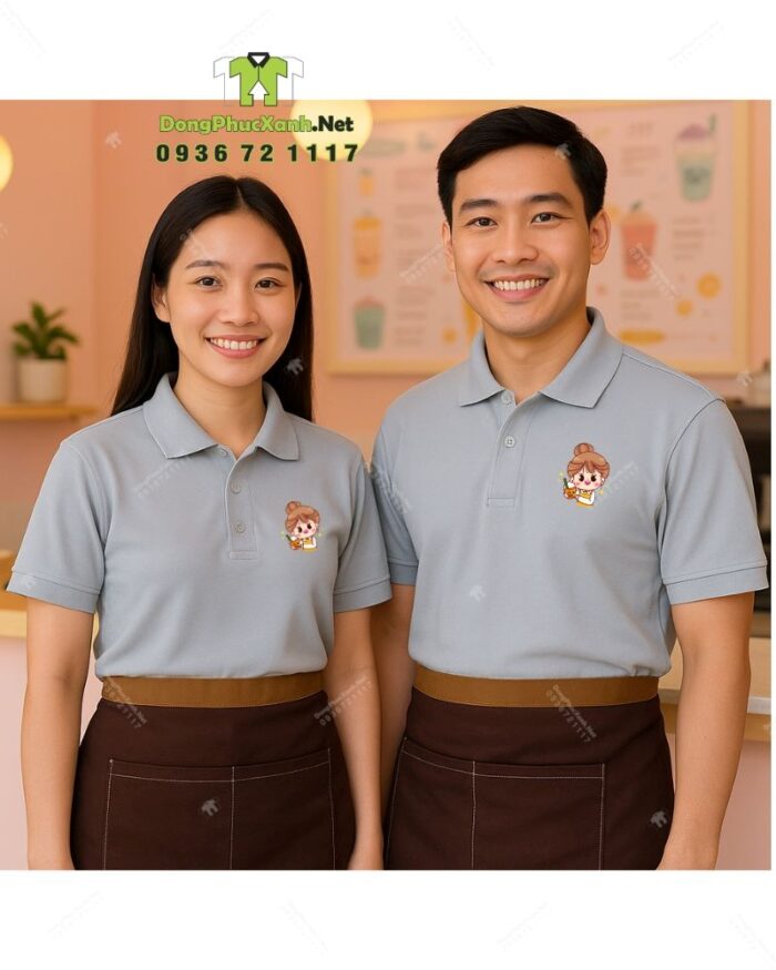 Bộ đồng phục quán trà sữa với áo đồng phục màu xám trang nhã và tinh tế, in/thêu logo theo yêu cầu.