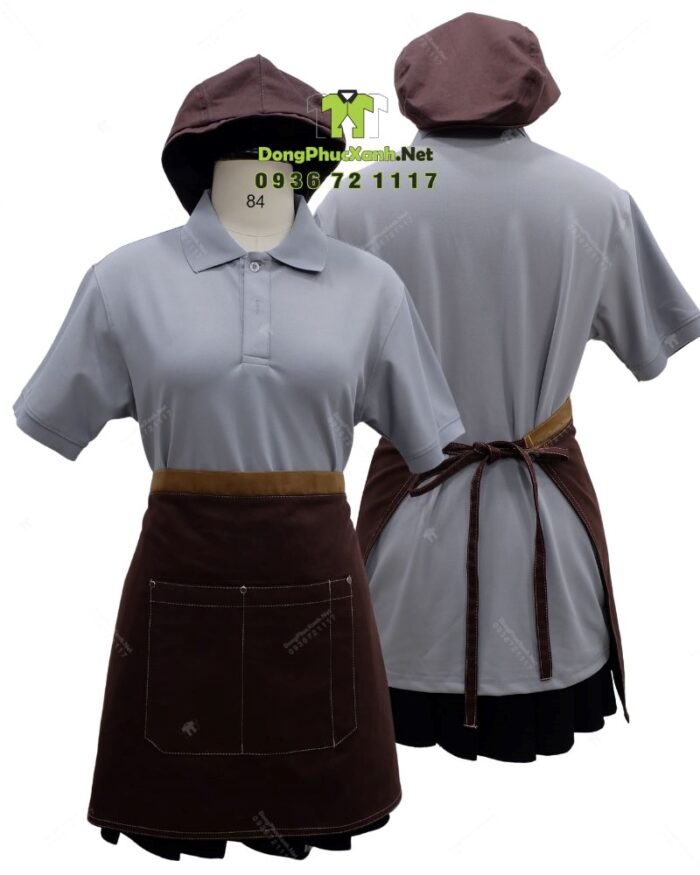 Bộ đồng phục quán trà sữa với áo đồng phục màu xám trang nhã và tinh tế, in/thêu logo theo yêu cầu.