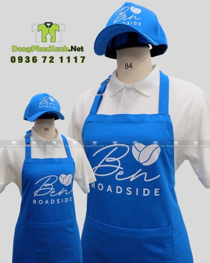 Nón đồng phục dành cho nhân viên quán cà phê vỉa hè, thiết kế màu xanh dương nổi bật, thêu logo Ben roadside.