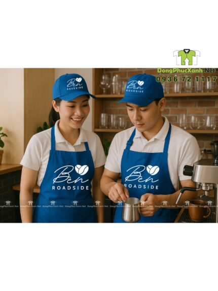Nón đồng phục dành cho nhân viên quán cà phê vỉa hè, thiết kế màu xanh dương nổi bật, thêu logo Ben roadside.