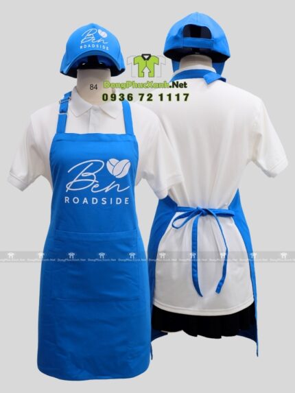 Nón đồng phục dành cho nhân viên quán cà phê vỉa hè, thiết kế màu xanh dương nổi bật, thêu logo Ben roadside.